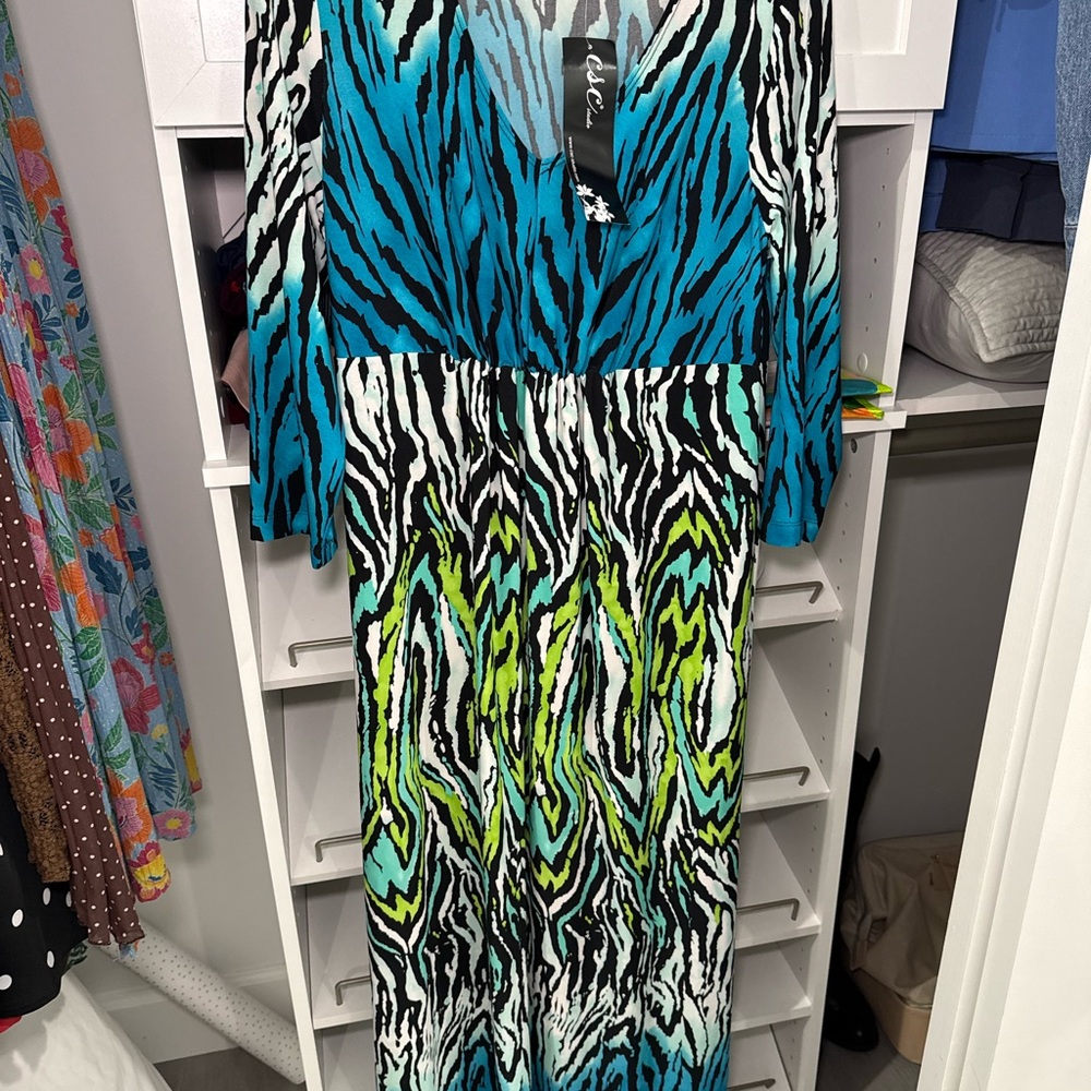 Elegant Zebra Print Maxi Dress - Blue and Green